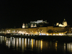 View of the Salzburg skyline at night as seen from the Hotel Sacher