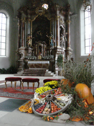Interior of St Gallus Church prepared for the harvest festival in Bregenz old town