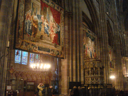 Tapestries and pulpit inside Strasbourg Cathedral