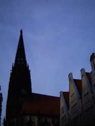 View of the spire of Church in the old town of M&uuml;mster