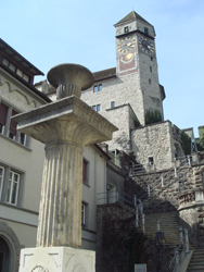 Fountain in the main square in front of the Castle in Rapperswil on the shores of Lake Zürich