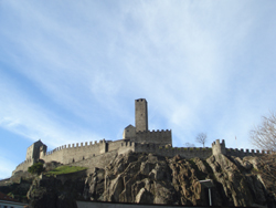 Looking up at the Castelgrande in Bellinzona, Canton Ticino, Switzerland