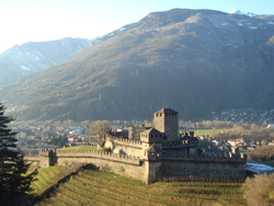 Looking down at the Castle of Montebello in Bellinzona, Canton Ticino, Switzerland