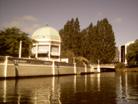 View of the Band Rotunda on the banks of the River Avon during our Christchurch punting experience