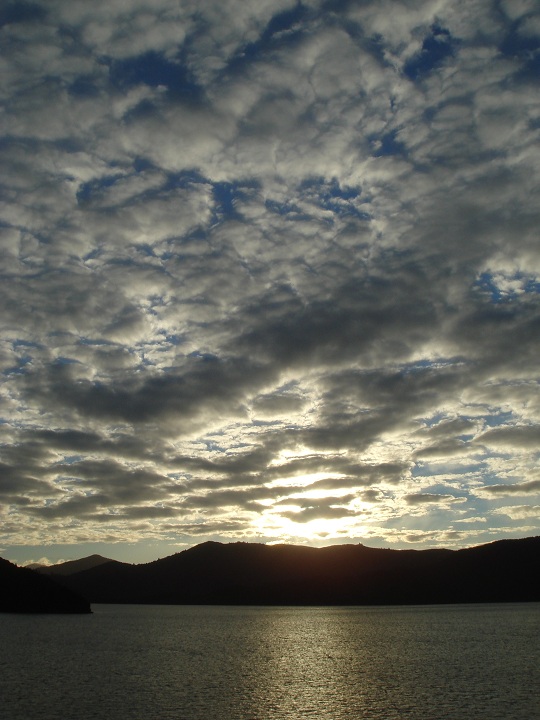 Marlborough Sounds - sunset seen from the Interislander